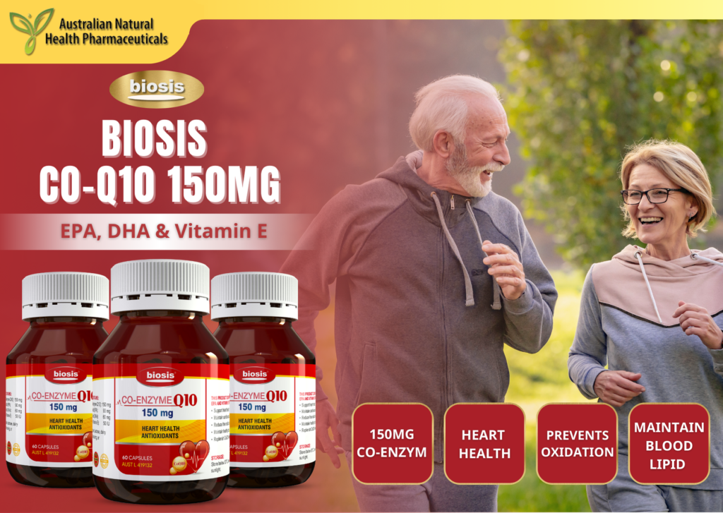 Biosis CoQ10 150MG bottles with active seniors, heart health supplement.