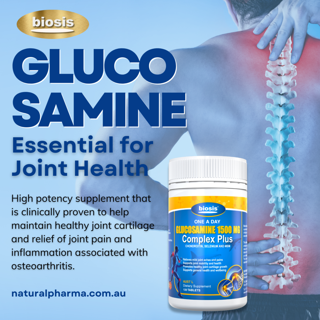 Biosis Glucosamine 1500mg bottle, joint health supplement.