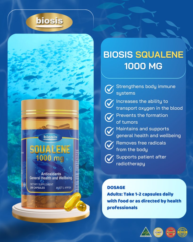 Biosis Squalene 1000mg bottle, immune and antioxidant supplement.