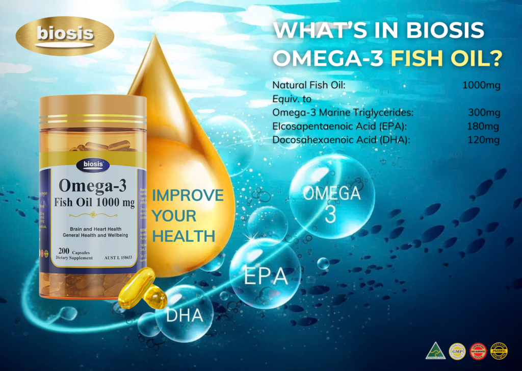 Biosis Omega-3 Fish Oil 1000mg, 200 capsules, EPA 180mg, DHA 120mg, brain and heart health.