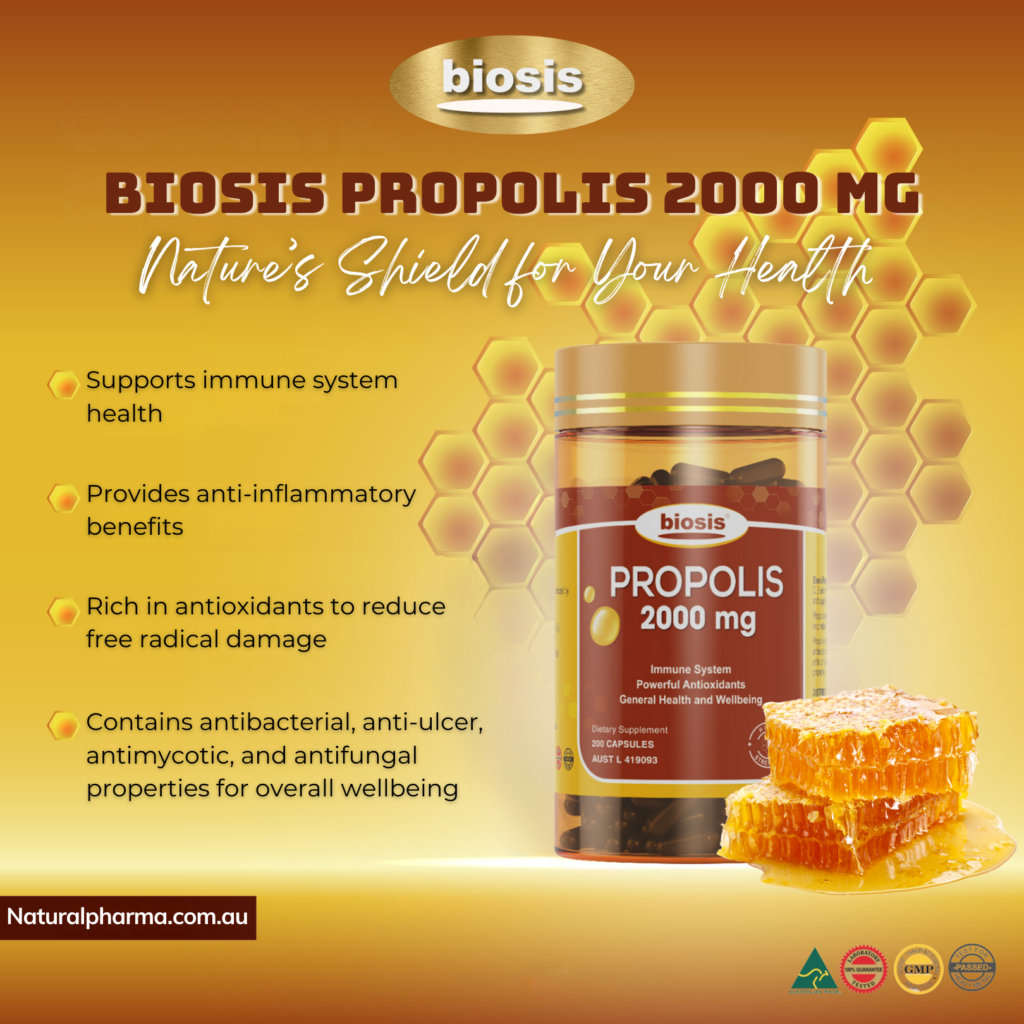 Biosis Propolis 2000MG bottle, immune support supplement.